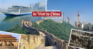Tourist places in China including the Great Wall, Shanghai skyline, Terracotta Army, and Yangtze River cruise for first-time travelers
